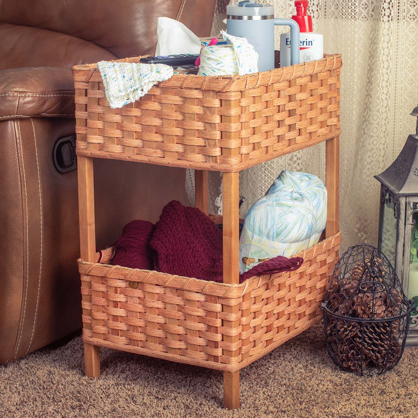 Chairside Crafting Hub | Amish Wicker 2-Tier Storage Basket Side Table
